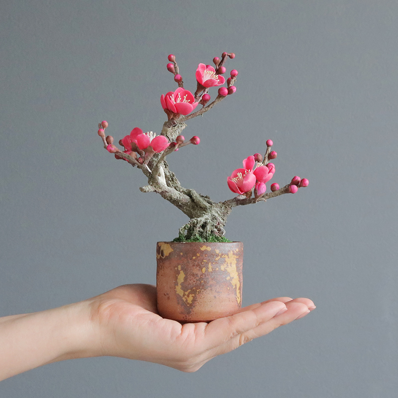 海外へ届ける美しい紅梅のアート盆栽（手作り／bonsai）
