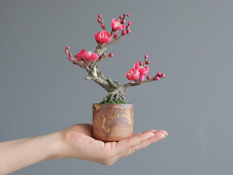海外へ届ける美しい紅梅のアート盆栽（手作り／bonsai）