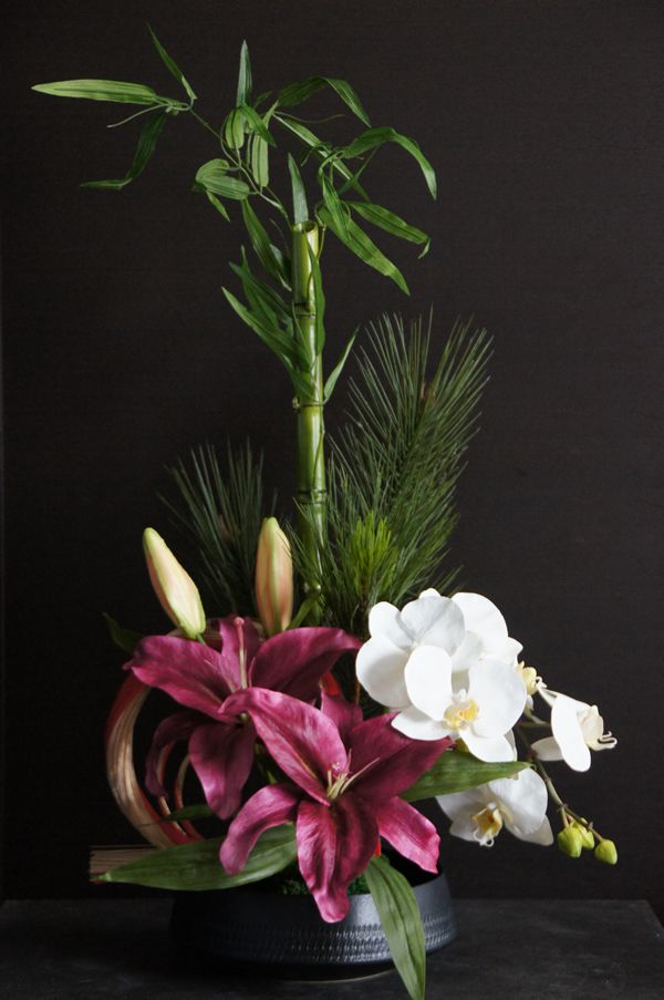 ソルボンヌカサブランカ×胡蝶蘭 和風スタイル(花器変更) 造花 アートフラワー Akanbi