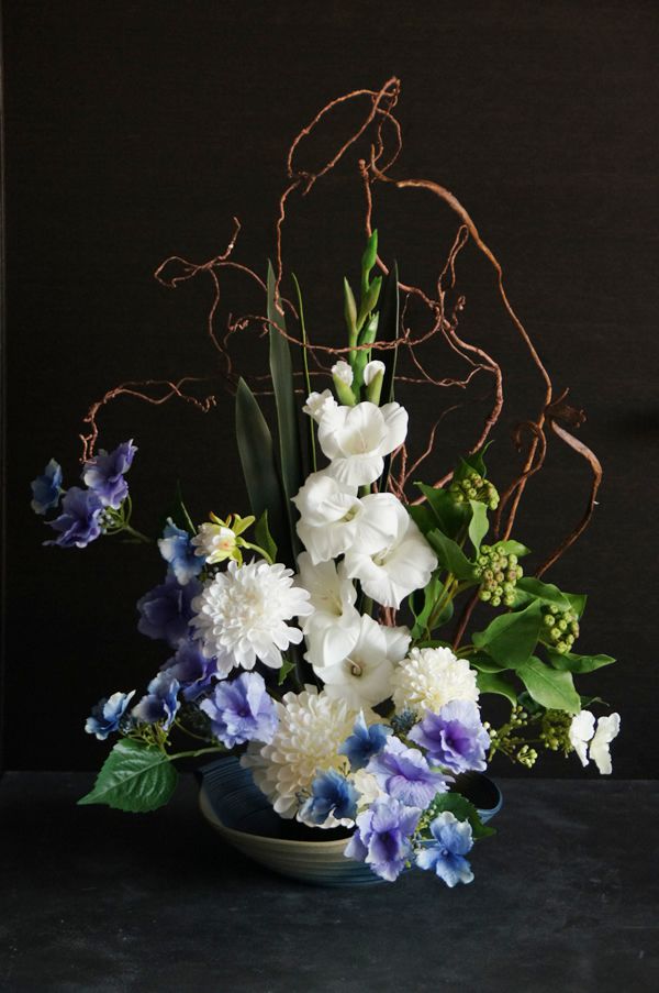 ホワイトダリア×ブルーハイドレンジア 和風スタイル 造花 アートフラワー Akanbi