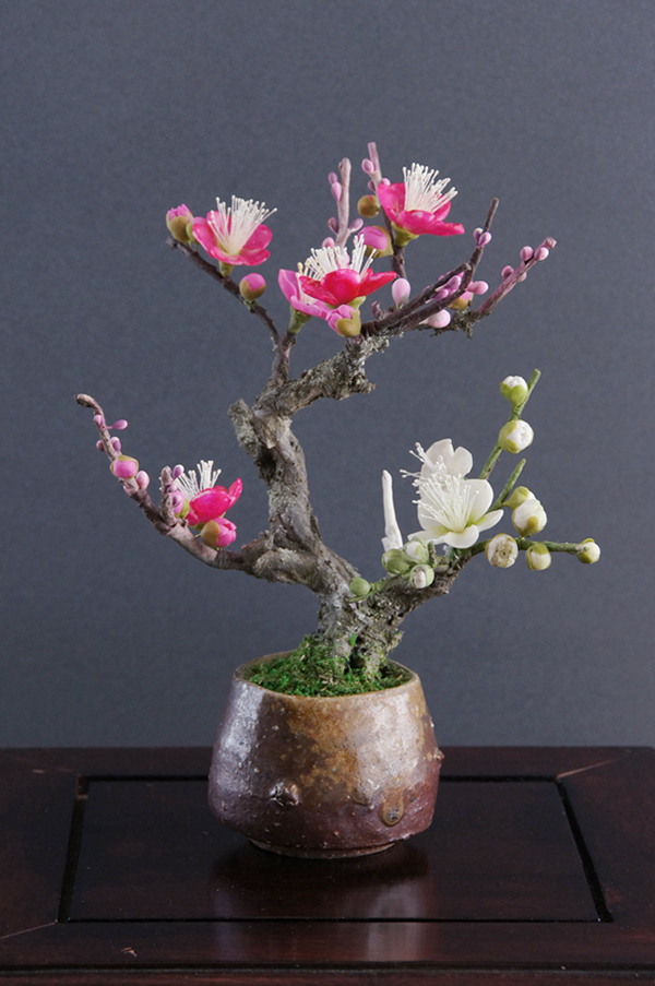 盆栽 紅白梅  #27（鉢変更）【ギフトバッグ対応可】 造花 アートフラワー Akanbi